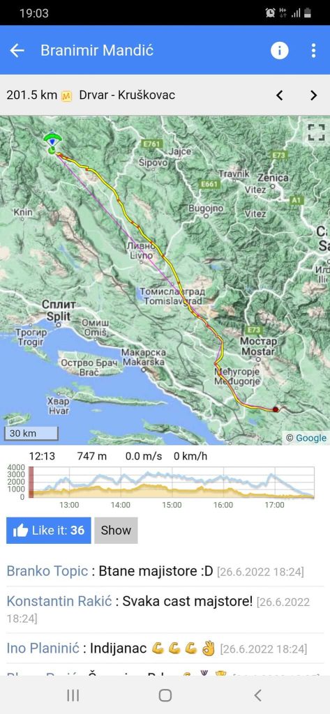 Drzavni rekord BiH u duzini paraglajding leta - mapa