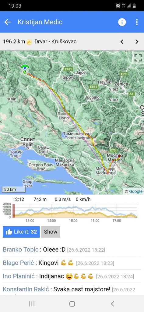 Drzavni rekord BiH u duzini paraglajding leta - mapa